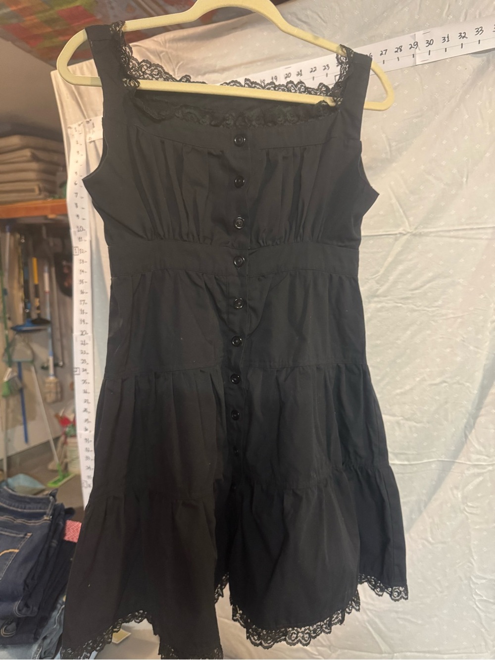 Black Lace-Trim Tiered Button-Front Mini Dress